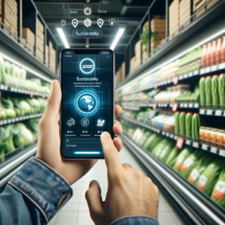 Person scannt in einem Supermarkt ein Produkt mit einer Nachhaltigkeits-App auf ihrem Smartphone.