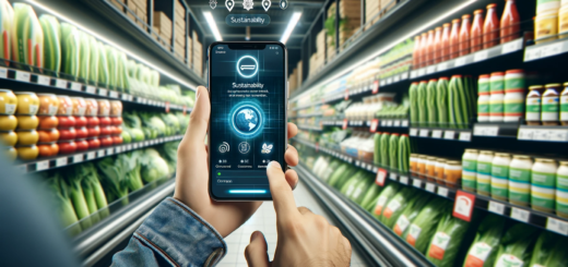 Person scannt in einem Supermarkt ein Produkt mit einer Nachhaltigkeits-App auf ihrem Smartphone.