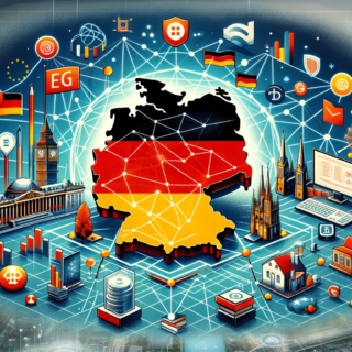 Eine Illustration, die die Hauptelemente der deutschen Digitalstrategie darstellt: digitale Infrastruktur, Bildung, Wirtschaft und Cybersicherheit, verbunden durch digitale Netzwerke und mit dem Schwerpunkt auf Deutschland und Europa. Alt-Text: Illustration der Kernaspekte der deutschen Digitalstrategie, darunter digitale Infrastruktur, Bildung, Wirtschaft und Cybersicherheit. Bildunterschrift: "Die Vision der digitalen Transformation: Deutschlands Digitalstrategie und ihre Auswirkungen auf Europa