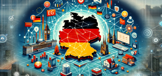 Eine Illustration, die die Hauptelemente der deutschen Digitalstrategie darstellt: digitale Infrastruktur, Bildung, Wirtschaft und Cybersicherheit, verbunden durch digitale Netzwerke und mit dem Schwerpunkt auf Deutschland und Europa. Alt-Text: Illustration der Kernaspekte der deutschen Digitalstrategie, darunter digitale Infrastruktur, Bildung, Wirtschaft und Cybersicherheit. Bildunterschrift: "Die Vision der digitalen Transformation: Deutschlands Digitalstrategie und ihre Auswirkungen auf Europa