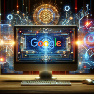 Illustration der KI-gesteuerten Google-Suche mit Symbolen für neuronale Netze und Algorithmen.
