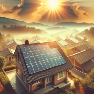 featuring a roof with solar panels and sunshine, captured in a style that resembles photos taken with an old camera.