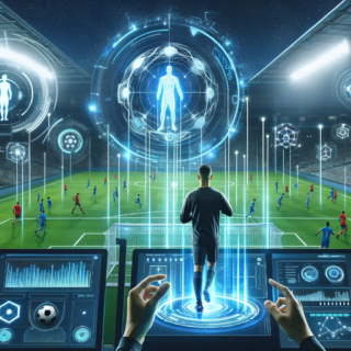Moderne Fußballfeldszene mit einem Scout, der KI-Technologie zur Spieleranalyse nutzt, umgeben von digitalen Leistungsdaten und Statistiken unter Abendstadiumbeleuchtung.