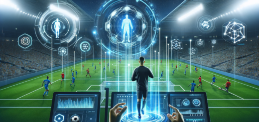 Moderne Fußballfeldszene mit einem Scout, der KI-Technologie zur Spieleranalyse nutzt, umgeben von digitalen Leistungsdaten und Statistiken unter Abendstadiumbeleuchtung.