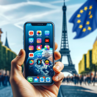 Hand hält iPhone mit Anzeige verschiedener App-Icons, darunter Apple und Dritt-Apps, vor europäischem Wahrzeichen im Hintergrund, symbolisch für die Öffnung des App Stores in der EU.