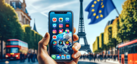 Hand hält iPhone mit Anzeige verschiedener App-Icons, darunter Apple und Dritt-Apps, vor europäischem Wahrzeichen im Hintergrund, symbolisch für die Öffnung des App Stores in der EU.