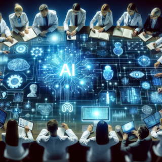 Ein Bild, das eine Gruppe von Wissenschaftlern und Ingenieuren zeigt, die um einen großen, interaktiven digitalen Tisch herum zusammenarbeiten. Sie betrachten KI-Algorithmen und Daten, was die Forschung und Innovation in der KI-Technologie symbolisiert.