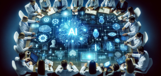 Ein Bild, das eine Gruppe von Wissenschaftlern und Ingenieuren zeigt, die um einen großen, interaktiven digitalen Tisch herum zusammenarbeiten. Sie betrachten KI-Algorithmen und Daten, was die Forschung und Innovation in der KI-Technologie symbolisiert.