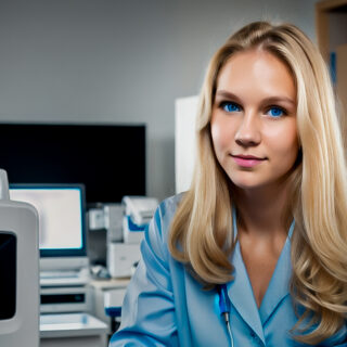 Female scientist in a laboratory with computer equipment.