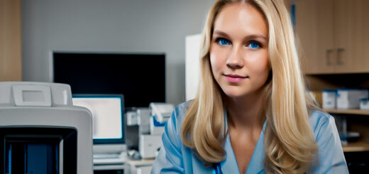 Female scientist in a laboratory with computer equipment.