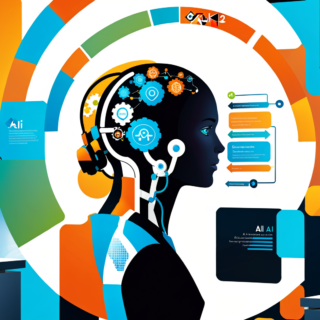 Das Bild zeigt einen zukunftsorientierten Arbeitsplatz, der die wesentlichen Fähigkeiten eines KI-Entwicklers im Jahr 2024 darstellt. Es illustriert einen Entwickler inmitten einer dynamischen und innovativen Technologieumgebung, umgeben von entscheidenden Werkzeugen und Elementen, die für die KI-Entwicklung unerlässlich sind.