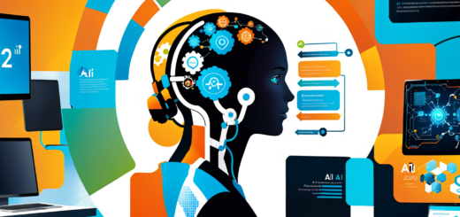 Das Bild zeigt einen zukunftsorientierten Arbeitsplatz, der die wesentlichen Fähigkeiten eines KI-Entwicklers im Jahr 2024 darstellt. Es illustriert einen Entwickler inmitten einer dynamischen und innovativen Technologieumgebung, umgeben von entscheidenden Werkzeugen und Elementen, die für die KI-Entwicklung unerlässlich sind.