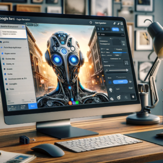 moderne, schlanke Computerschnittstelle, die die Bilderzeugungsfunktion Gemini Pro von Google Bard anzeigt. Der Bildschirm zeigt ein fotorealistisches Bild, das generat