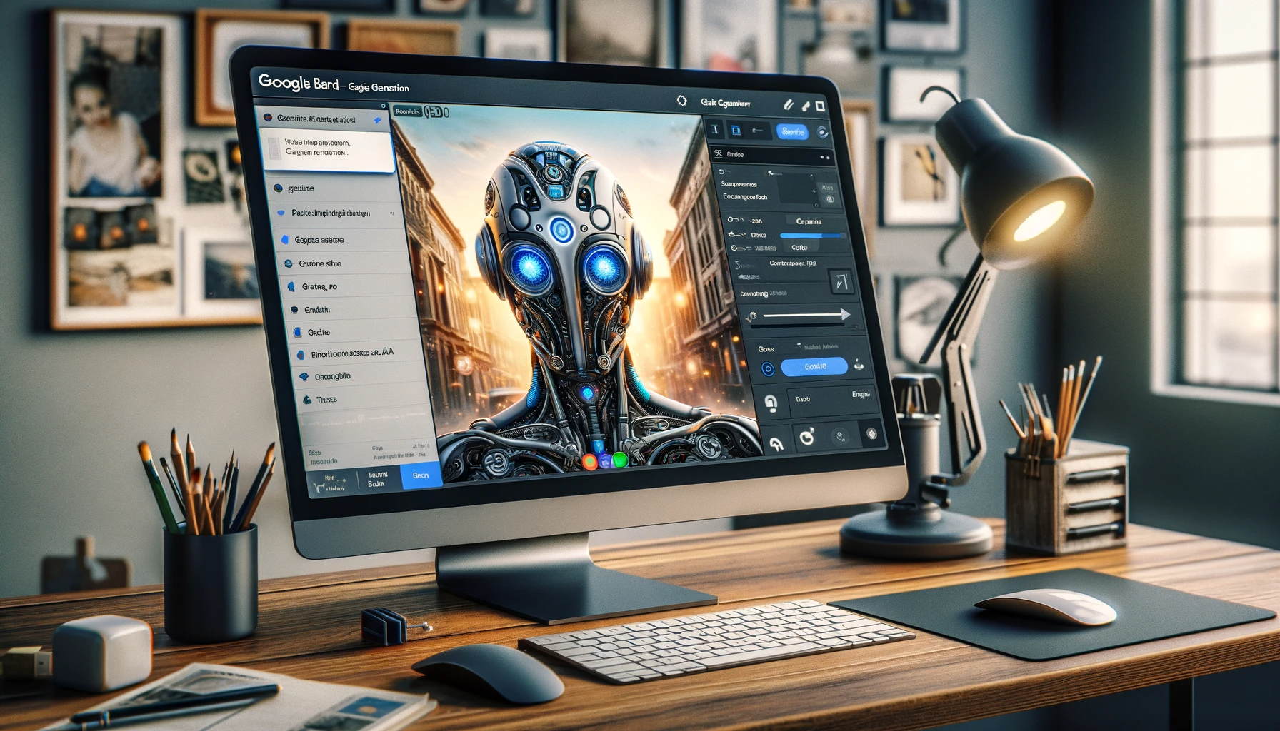 moderne, schlanke Computerschnittstelle, die die Bilderzeugungsfunktion Gemini Pro von Google Bard anzeigt. Der Bildschirm zeigt ein fotorealistisches Bild, das generat