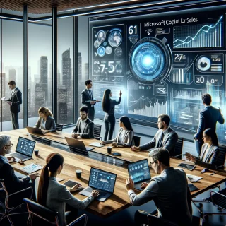 Das Bild, das die moderne Büroumgebung mit einem Team darstellt, das eine Verkaufsstrategie mit Integration von Microsoft Copilot for Sales diskutiert, ist fertig. Es zeigt ein Team, das in einer kollaborativen und futuristischen Atmosphäre arbeitet, umgeben von digitalen Geräten und AI-gesteuerten Einblicken.