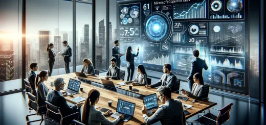 Das Bild, das die moderne Büroumgebung mit einem Team darstellt, das eine Verkaufsstrategie mit Integration von Microsoft Copilot for Sales diskutiert, ist fertig. Es zeigt ein Team, das in einer kollaborativen und futuristischen Atmosphäre arbeitet, umgeben von digitalen Geräten und AI-gesteuerten Einblicken.