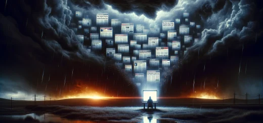 Bild zum Thema, dass die Gefahren von Fehlinformationen in der digitalen Ära darstellt. Es zeigt einen dunklen, stürmischen Himmel über einer verlassenen Landschaft, beleuchtet nur durch das flackernde Licht eines einzelnen, isolierten Computerbildschirms, der eine Kaskade von gefälschten Nachrichtenüberschriften anzeigt. Diese Szene symbolisiert die Verwirrung und das Chaos, das Fehlinformationen in der Gesellschaft verursachen können.