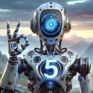 Ein roboter mit einer 5 in der Hand. Schaut in die Kamera. Querformat