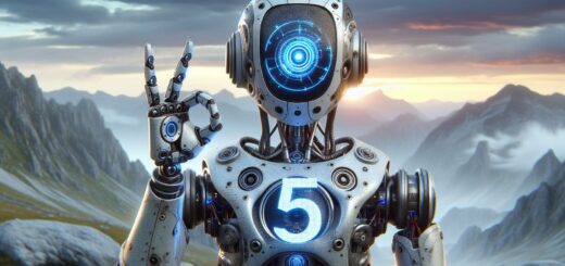 Ein roboter mit einer 5 in der Hand. Schaut in die Kamera. Querformat