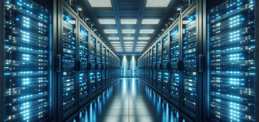 Das Bild zeigt einen modernen Serverraum im Querformat, der die fortschrittliche Technologie und digitale Infrastruktur eines zeitgenössischen Datenzentrums hervorhebt. Die blauen LED-Lichter unterstreichen die hochtechnologische Umgebung und bieten einen tiefen Einblick in die Welt der Server und Netzwerktechnik.