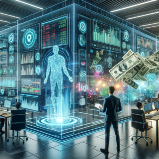 Ein modernes Finanzberaterbüro, ausgestattet mit AI-Technologien und holographischen Projektionen von Geldscheinen, Aktien und Fonds, während ein Berater und ein Klient Investitionsstrategien diskutieren.