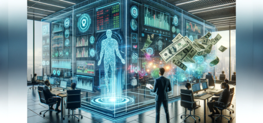 Ein modernes Finanzberaterbüro, ausgestattet mit AI-Technologien und holographischen Projektionen von Geldscheinen, Aktien und Fonds, während ein Berater und ein Klient Investitionsstrategien diskutieren.