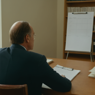 a picture of a middle-aged man sitting at a desk, studying company balance sheets and making notes. The man can be seen from behind (looking over his shoulder). There is also a flip chart and a shelf with books in the room. The picture is intended to reflect an office of a financial expert from the 1960s.