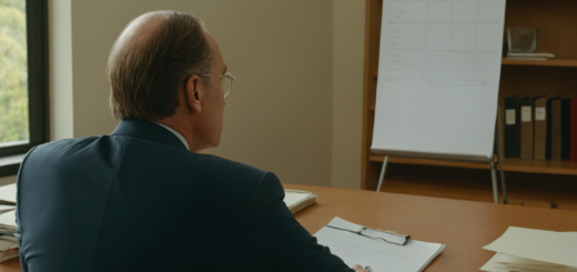 a picture of a middle-aged man sitting at a desk, studying company balance sheets and making notes. The man can be seen from behind (looking over his shoulder). There is also a flip chart and a shelf with books in the room. The picture is intended to reflect an office of a financial expert from the 1960s.