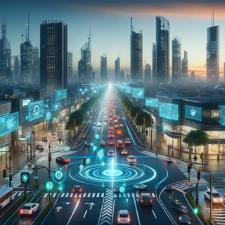 Eine futuristische Stadtansicht bei Dämmerung, in der intelligente Verkehrsflusssteuerungssysteme in Aktion sind: Überall auf den Straßen sind Fahrzeuge zu sehen, die sich dank der fortschrittlichen Technologie reibungslos und ohne Staus bewegen. Im Vordergrund befindet sich eine Kreuzung mit Verkehrslichtern, die durch KI gesteuert werden und den Verkehr effizient leiten. Sensoren und Kameras, montiert an Straßenlaternen und Gebäuden, sammeln in Echtzeit Daten über den Verkehrsfluss. Auf den Straßen navigieren Autos autonom, wobei sie durch dynamische Navigationssysteme unterstützt werden, die Staus umgehen und die optimale Route berechnen. Im Hintergrund der Stadt erheben sich moderne Hochhäuser, deren Fassaden von digitalen Anzeigen beleuchtet werden, die Informationen über Verkehrsbedingungen und umweltfreundliche Transportoptionen anzeigen. Diese Vision einer harmonisierten Koexistenz von Technologie und städtischem Leben illustriert die transformative Kraft der Künstlichen Intelligenz in der Steuerung des städtischen Verkehrsflusses