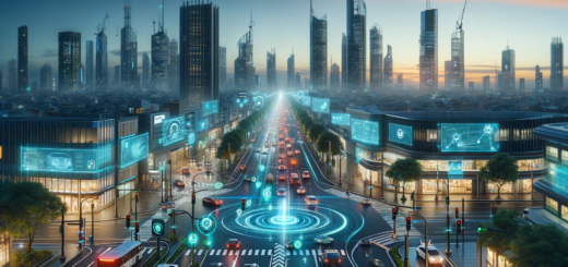 Eine futuristische Stadtansicht bei Dämmerung, in der intelligente Verkehrsflusssteuerungssysteme in Aktion sind: Überall auf den Straßen sind Fahrzeuge zu sehen, die sich dank der fortschrittlichen Technologie reibungslos und ohne Staus bewegen. Im Vordergrund befindet sich eine Kreuzung mit Verkehrslichtern, die durch KI gesteuert werden und den Verkehr effizient leiten. Sensoren und Kameras, montiert an Straßenlaternen und Gebäuden, sammeln in Echtzeit Daten über den Verkehrsfluss. Auf den Straßen navigieren Autos autonom, wobei sie durch dynamische Navigationssysteme unterstützt werden, die Staus umgehen und die optimale Route berechnen. Im Hintergrund der Stadt erheben sich moderne Hochhäuser, deren Fassaden von digitalen Anzeigen beleuchtet werden, die Informationen über Verkehrsbedingungen und umweltfreundliche Transportoptionen anzeigen. Diese Vision einer harmonisierten Koexistenz von Technologie und städtischem Leben illustriert die transformative Kraft der Künstlichen Intelligenz in der Steuerung des städtischen Verkehrsflusses