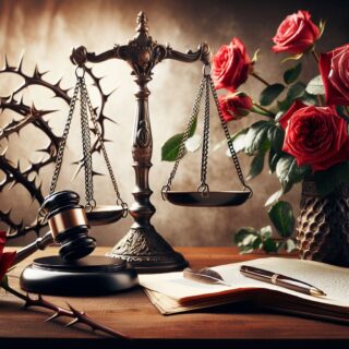 Gerichtswaage, Gerichtshammer auf der rechten Seite, Papier auf der Linken seite der Waage. Im Hintergrund Rosen mit Dornen, die einen Rosenkrieg darstellen.