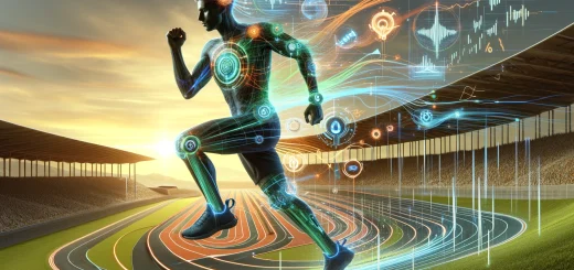 Here are the images showcasing an athlete with technological wearables and stylized data streams, set against a sports-themed backdrop. Each one interprets the fusion of technology and athleticism in the context of AI in sports.