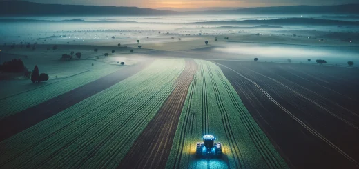 Eine Perspektive auf einen fortschrittlichen KI gesteuerten Traktor der arbeitet in einem Feld bei Sonnenuntergang. Die Landschaft ist in dem sanften indirekten Licht des Abends bedeckt.