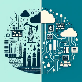 Halbiertes Bild, das auf der linken Seite Symbole der traditionellen Ölindustrie und auf der rechten Seite Elemente des modernen Computings zeigt, was den Wandel der Energiequellen von physischem Öl zu digitaler Rechenkraft veranschaulicht.