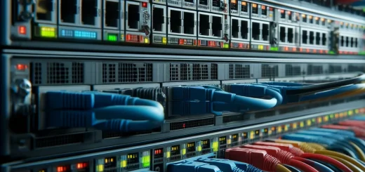 Here are the images showcasing a close-up view of a server rack with a variety of network cables in a data center, rendered in a photo-realistic style and widescreen aspect ratio.