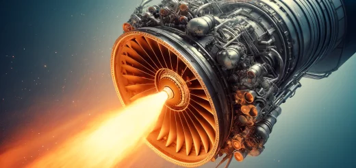 Das Bild betont die komplexe Struktur und die feurige Abgasfahne des Antriebs, ideal für eine technische Dokumentation zum Thema Raketenantriebstechnologie. Sie können das Bild oben sehen und für Ihre Dokumentation verwenden.
