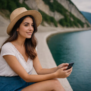 junge Frau, die am Ufer eines malerischen Sees in Italien sitzt. Sie hat langes, dunkelbraunes Haar und trägt eine leichte Sommerkleidung, bestehend aus einem weißen Top und einer blauen Jeans. In ihrer Hand hält sie ein modernes Smartphone, auf dem eine KI-gestützte Reise-App zu sehen ist.