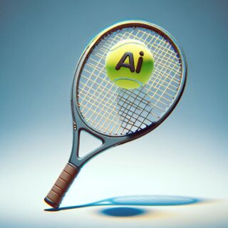 Bild von einem großen Tennisschläger welcher zentral im Bild ist, der einen Ball schlägt, auf dem KI geschrieben steht.