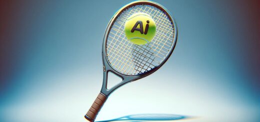 Bild von einem großen Tennisschläger welcher zentral im Bild ist, der einen Ball schlägt, auf dem KI geschrieben steht.