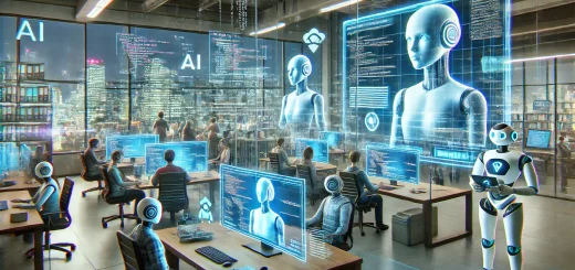 Futuristische Szene in einem Softwareentwicklungsbüro, in dem Programmierer zusammen mit KI-Robotern arbeiten. Die Roboter unterstützen beim Codieren, Debuggen und Testen auf großen Bildschirmen. Das Büro hat ein hochmodernes Aussehen mit holografischen Displays und fortschrittlichen Computersystemen. Programmierer interagieren mit der KI durch Chat-Interfaces und virtuelle Assistenten. Im Hintergrund ist eine moderne Stadtlandschaft durch große Fenster zu sehen.