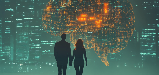 woman and man walking hand in hand in front of a digital brain