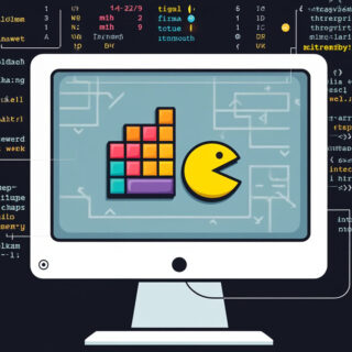 Minimalistische Illustration eines Computerbildschirms mit Code und klassischen Spielsymbolen, die aus dem Bildschirm hervortreten, um die Rolle der KI in der Spieleentwicklung darzustellen.