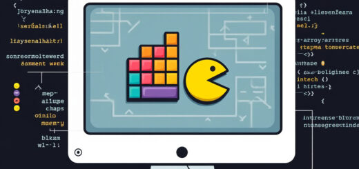 Minimalistische Illustration eines Computerbildschirms mit Code und klassischen Spielsymbolen, die aus dem Bildschirm hervortreten, um die Rolle der KI in der Spieleentwicklung darzustellen.