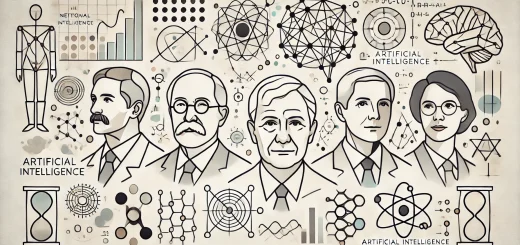 Minimalistische Darstellung von fünf führenden KI-Pionieren, dargestellt durch abstrakte Linien und geometrische Symbole, die ihre Beiträge zu neuronalen Netzen, Daten und mathematischen Modellen repräsentieren.