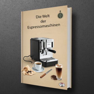 Eine detaillierte Illustration verschiedener Espressomaschinen, von traditionell bis modern, in einer stylischen Kaffebar-Umgebung.