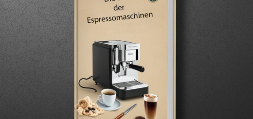 Eine detaillierte Illustration verschiedener Espressomaschinen, von traditionell bis modern, in einer stylischen Kaffebar-Umgebung.