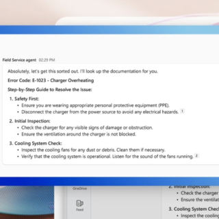 Microsoft Copilot Agent zeigt eine Anleitung zur Behebung eines Ladegeräts mit Überhitzungsproblemen im Field Service.