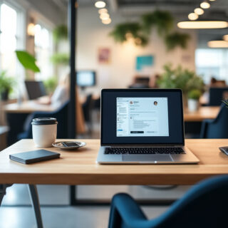 Moderner Arbeitsplatz mit Laptop, der ChatGPT zeigt.