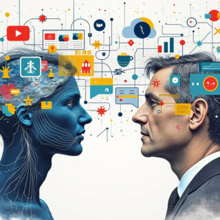 Ein Bild, das die Komplexität der menschlichen Kommunikation darstellt, mit Symbolen für verbale und nonverbale Kommunikation.