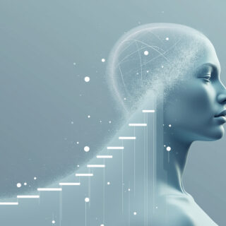 Minimalistische Illustration eines menschlichen Kopfes, der durch digitale Netzstrukturen mit künstlicher Intelligenz verbunden ist. Symbolisiert die Verschmelzung von Mensch und Technologie sowie den Weg in eine KI-gesteuerte Zukunft.